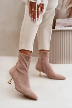 Botki Damskie Na Szpilce Eko Zamszowe Z Noskami W Szpic Beżowe Irithare