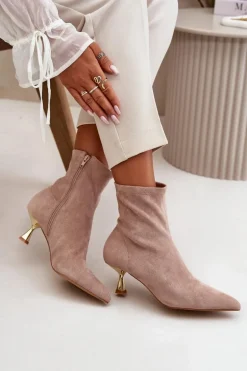 Botki Damskie Na Szpilce Eko Zamszowe Z Noskami W Szpic Beżowe Irithare