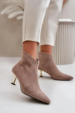 Botki Damskie Na Szpilce Eko Zamszowe Ciemnobeżowe Terlena