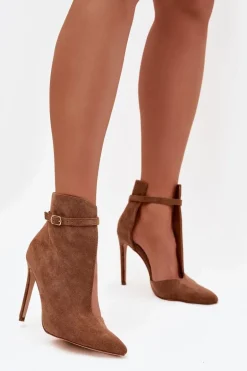 Botki Damskie Na Szpilce Z Eko Zamszu Ciemnobeżowe Amalundi