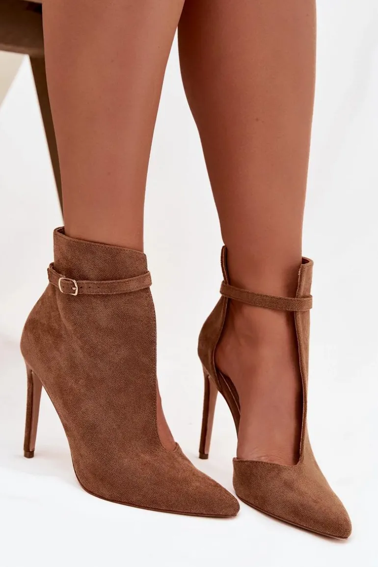 Botki Damskie Na Szpilce Z Eko Zamszu Ciemnobeżowe Amalundi