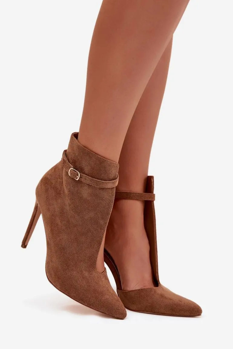 Botki Damskie Na Szpilce Z Eko Zamszu Ciemnobeżowe Amalundi