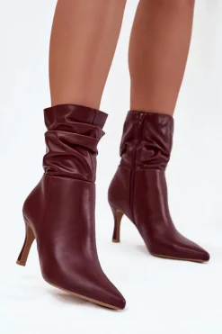 Botki Damskie Na Szpilce Z Marszczoną Cholewką Zamek Bordowe Ulisse