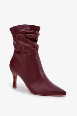 Botki Damskie Na Szpilce Z Marszczoną Cholewką Zamek Bordowe Ulisse