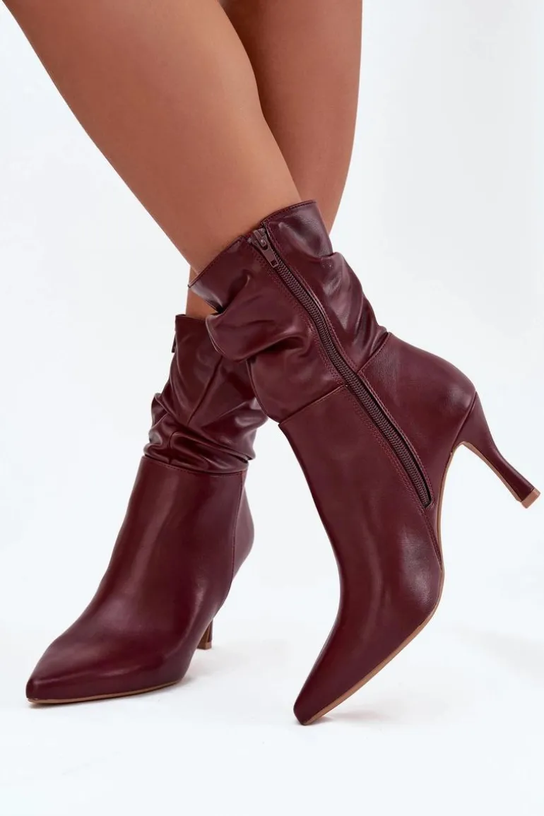 Botki Damskie Na Szpilce Z Marszczoną Cholewką Zamek Bordowe Ulisse