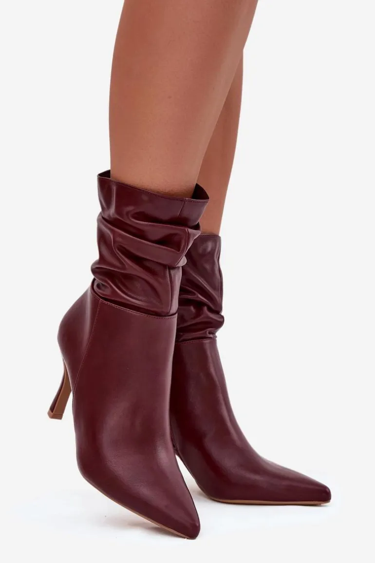 Botki Damskie Na Szpilce Z Marszczoną Cholewką Zamek Bordowe Ulisse
