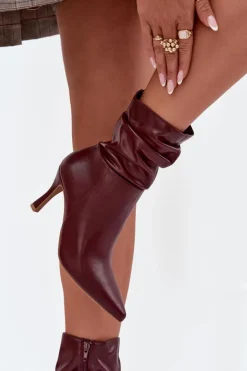 Botki Damskie Na Szpilce Z Marszczoną Cholewką Zamek Bordowe Ulisse