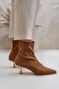 Botki Damskie Na Szpilce Eko Zamszowe Z Noskami W Szpic Camel Irithare