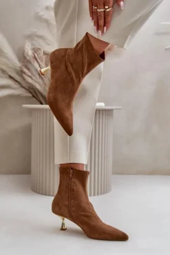 Botki Damskie Na Szpilce Eko Zamszowe Z Noskami W Szpic Camel Irithare