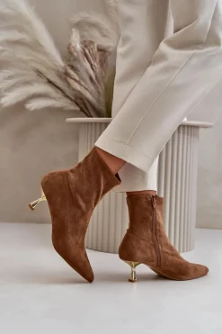 Botki Damskie Na Szpilce Eko Zamszowe Z Noskami W Szpic Camel Irithare