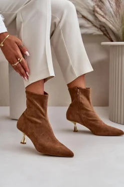 Botki Damskie Na Szpilce Eko Zamszowe Z Noskami W Szpic Camel Irithare