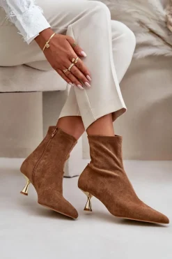 Botki Damskie Na Szpilce Eko Zamszowe Z Noskami W Szpic Camel Irithare