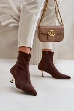 Botki Damskie Na Szpilce Eko Zamszowe Z Noskami W Szpic Brązowe Irithare