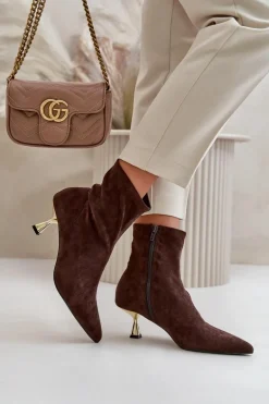 Botki Damskie Na Szpilce Eko Zamszowe Z Noskami W Szpic Brązowe Irithare