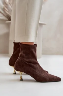 Botki Damskie Na Szpilce Eko Zamszowe Z Noskami W Szpic Brązowe Irithare