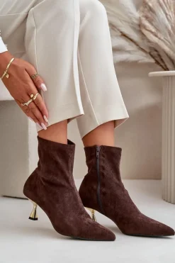 Botki Damskie Na Szpilce Eko Zamszowe Z Noskami W Szpic Brązowe Irithare