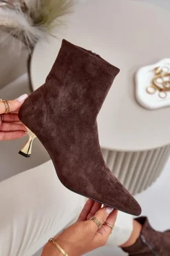 Botki Damskie Na Szpilce Eko Zamszowe Z Noskami W Szpic Brązowe Irithare