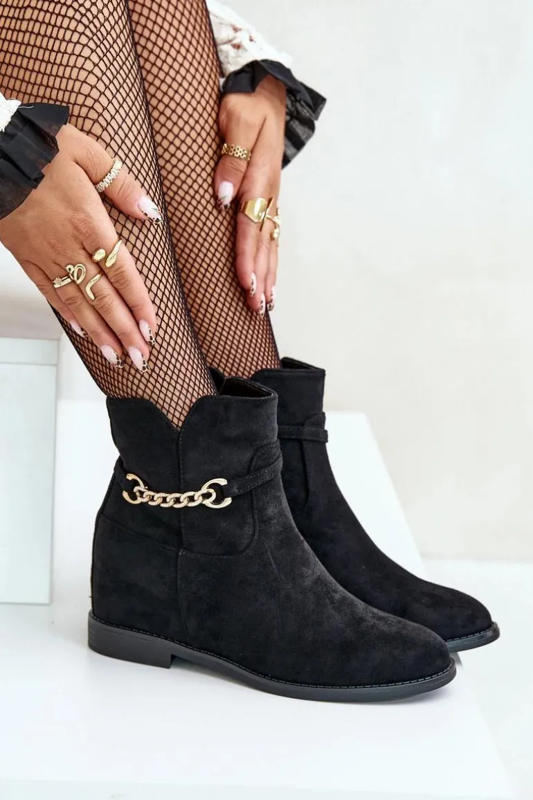 Botki Damskie Na Ukrytym Koturnie Z Eko Zamszu Czarne Ofcorna
