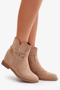 Botki Damskie Na Ukrytym Koturnie Z Eko Zamszu Beżowe Ofcorna