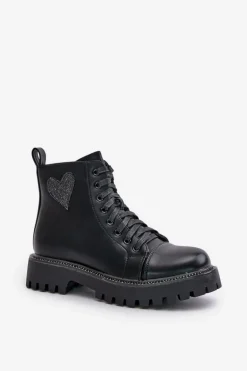 Botki Damskie Na Zamek Z Ozdobnym Sercem Czarne Obeena