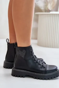 Botki Damskie Na Zamek Z Ozdobnym Sercem Czarne Obeena