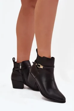 Botki Damskie Na Zamek Z Paseczkiem I Złotym Detalem Czarne Zelinae