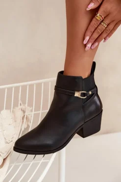 Botki Damskie Na Zamek Z Paseczkiem I Złotym Detalem Czarne Zelinae