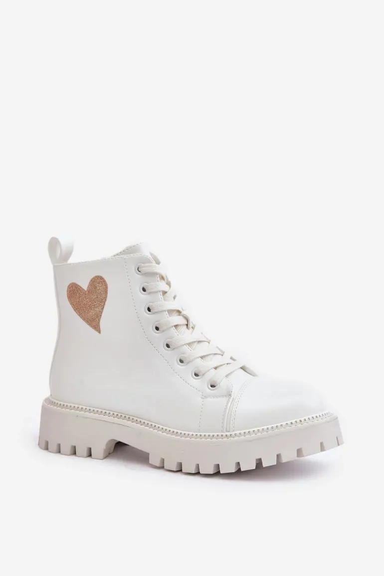 Botki Damskie Na Zamek Z Ozdobnym Sercem Białe Obeena