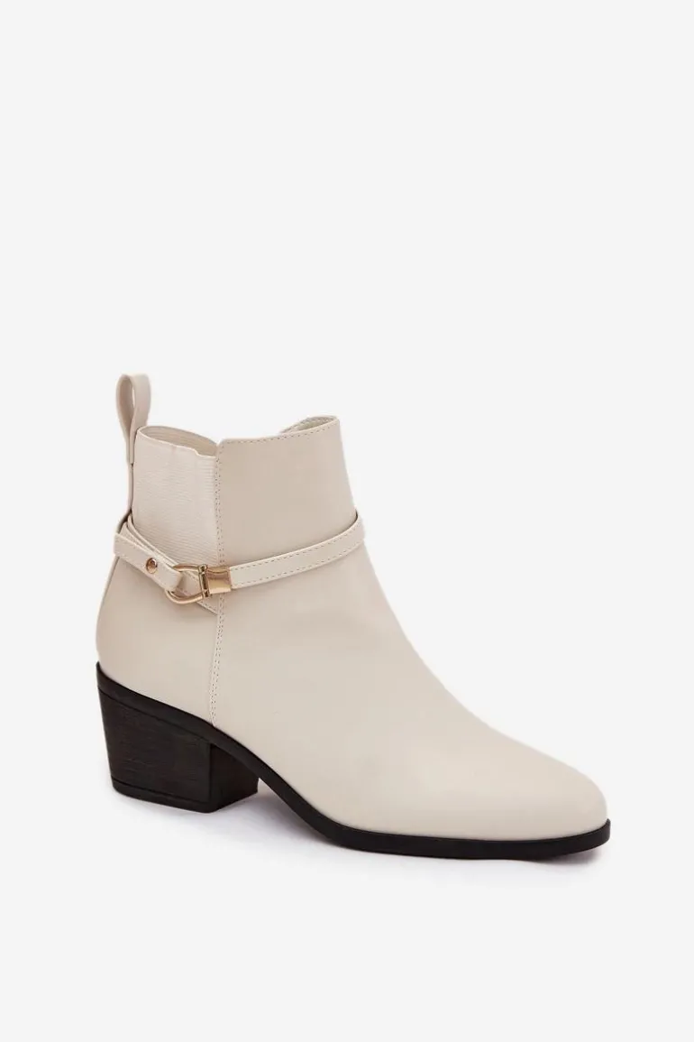 Botki Damskie Na Zamek Z Paseczkiem I Złotym Detalem Jasnobeżowe Zelinae