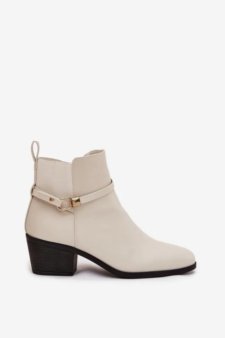Botki Damskie Na Zamek Z Paseczkiem I Złotym Detalem Jasnobeżowe Zelinae