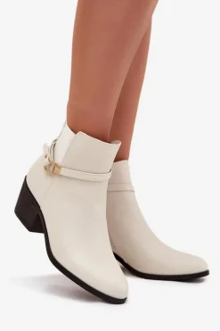 Botki Damskie Na Zamek Z Paseczkiem I Złotym Detalem Jasnobeżowe Zelinae