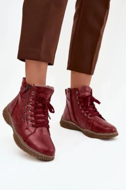 Botki Damskie Ocieplane Futerkiem Z Eko Skóry Bordowe Ulverina
