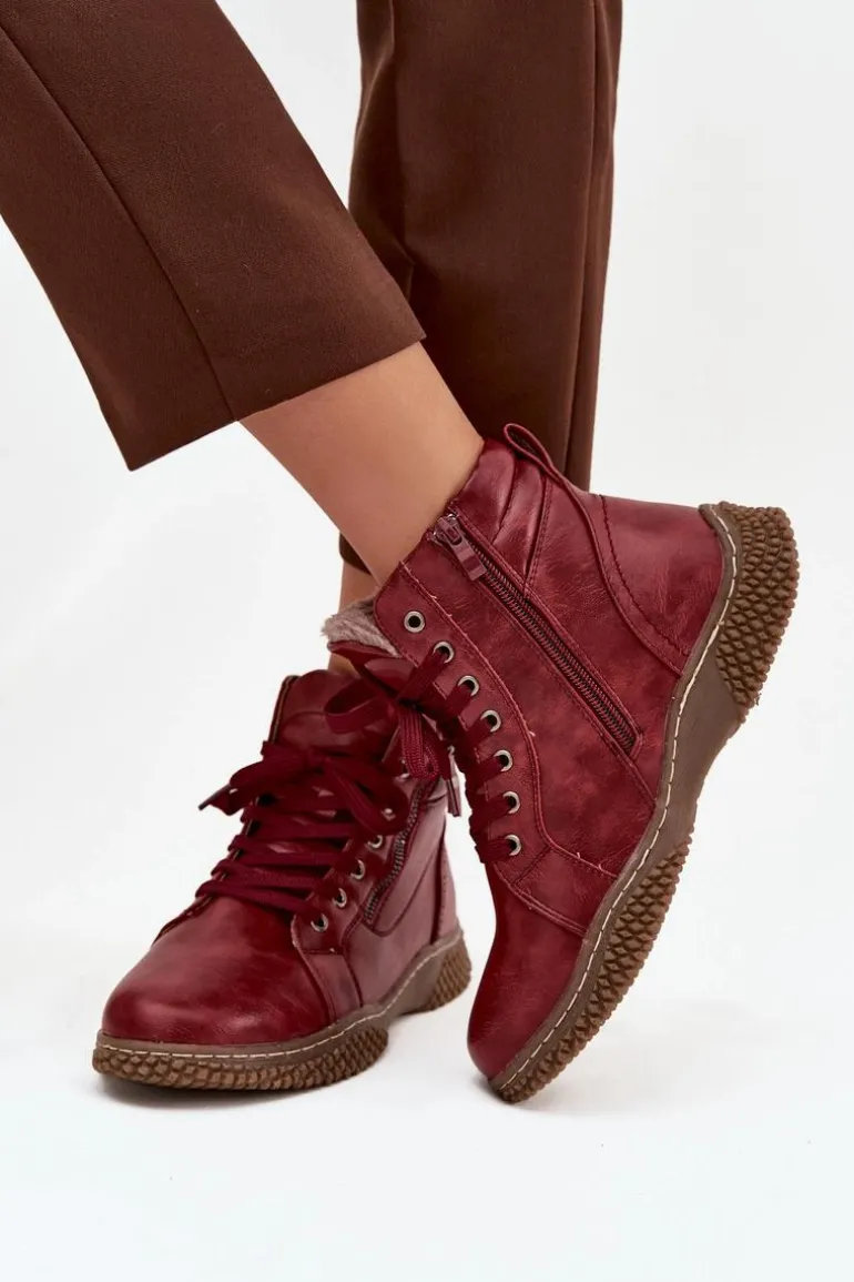 Botki Damskie Ocieplane Futerkiem Z Eko Skóry Bordowe Ulverina