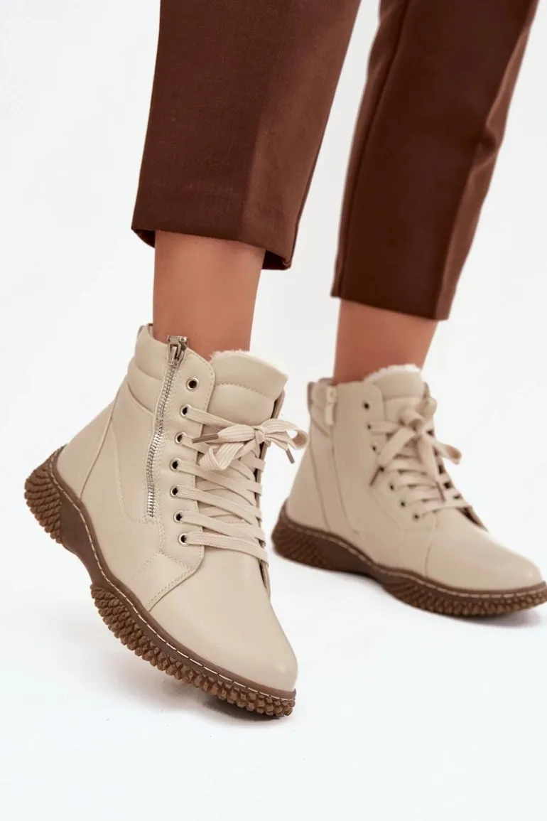 Botki Damskie Ocieplane Futerkiem Z Eko Skóry Beżowe Ulverina