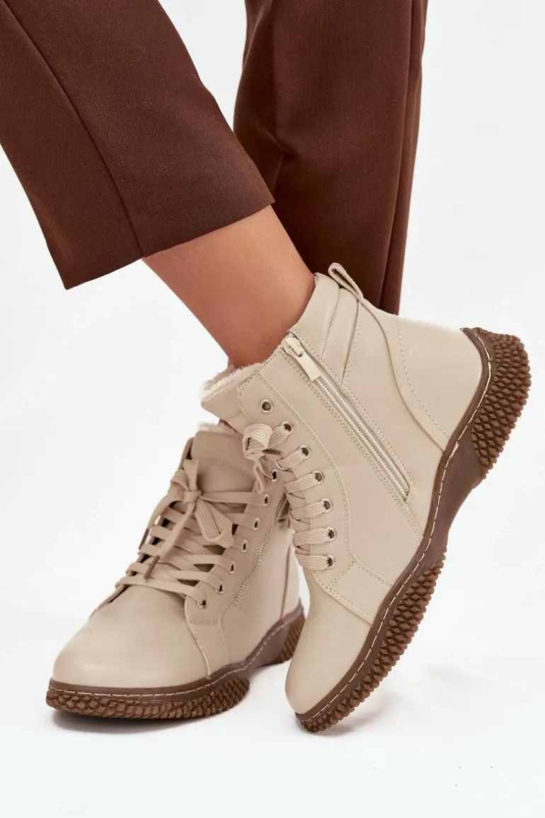 Botki Damskie Ocieplane Futerkiem Z Eko Skóry Beżowe Ulverina