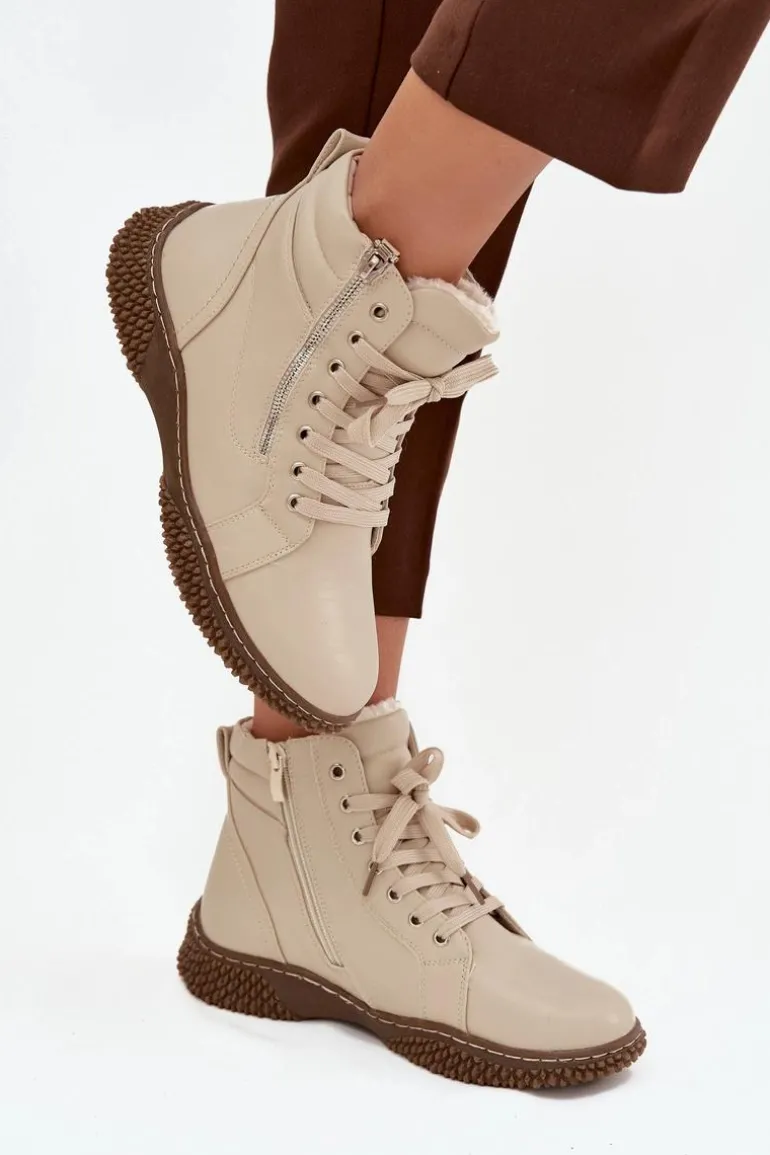 Botki Damskie Ocieplane Futerkiem Z Eko Skóry Beżowe Ulverina