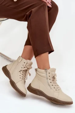 Botki Damskie Ocieplane Futerkiem Z Eko Skóry Beżowe Ulverina