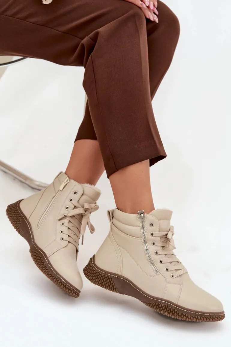 Botki Damskie Ocieplane Futerkiem Z Eko Skóry Beżowe Ulverina