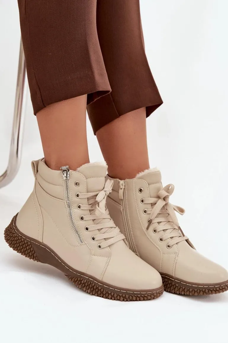 Botki Damskie Ocieplane Futerkiem Z Eko Skóry Beżowe Ulverina