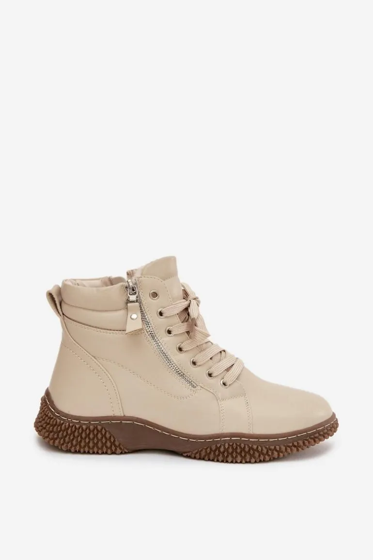 Botki Damskie Ocieplane Futerkiem Z Eko Skóry Beżowe Ulverina