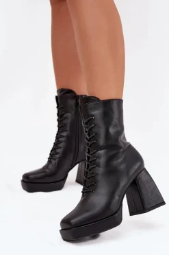 Botki Damskie Ocieplane Na Słupku Ze Sznurowaniem Czarne Juvina