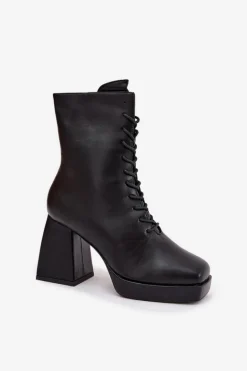 Botki Damskie Ocieplane Na Słupku Ze Sznurowaniem Czarne Juvina