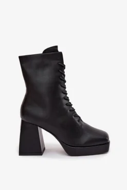 Botki Damskie Ocieplane Na Słupku Ze Sznurowaniem Czarne Juvina