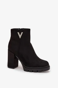 Botki Damskie Ocieplane Na Słupku Z Ozdobnym Detalem Czarne Briella