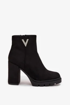 Botki Damskie Ocieplane Na Słupku Z Ozdobnym Detalem Czarne Briella