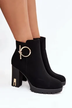 Botki Damskie Ocieplane Na Słupku Ze Złotą Ozdobą Czarne Ysolde