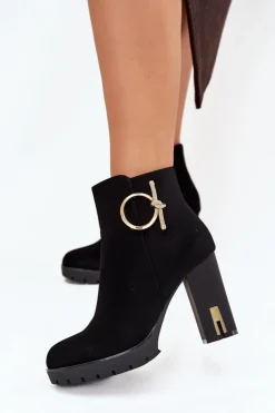 Botki Damskie Ocieplane Na Słupku Ze Złotą Ozdobą Czarne Ysolde