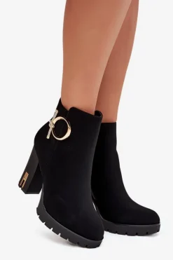 Botki Damskie Ocieplane Na Słupku Ze Złotą Ozdobą Czarne Ysolde