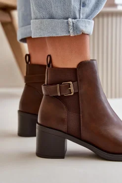 Botki Damskie Ocieplane Na Słupku Z Klamrą Brązowe Nevillira