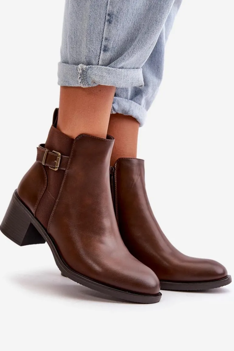 Botki Damskie Ocieplane Na Słupku Z Klamrą Brązowe Nevillira